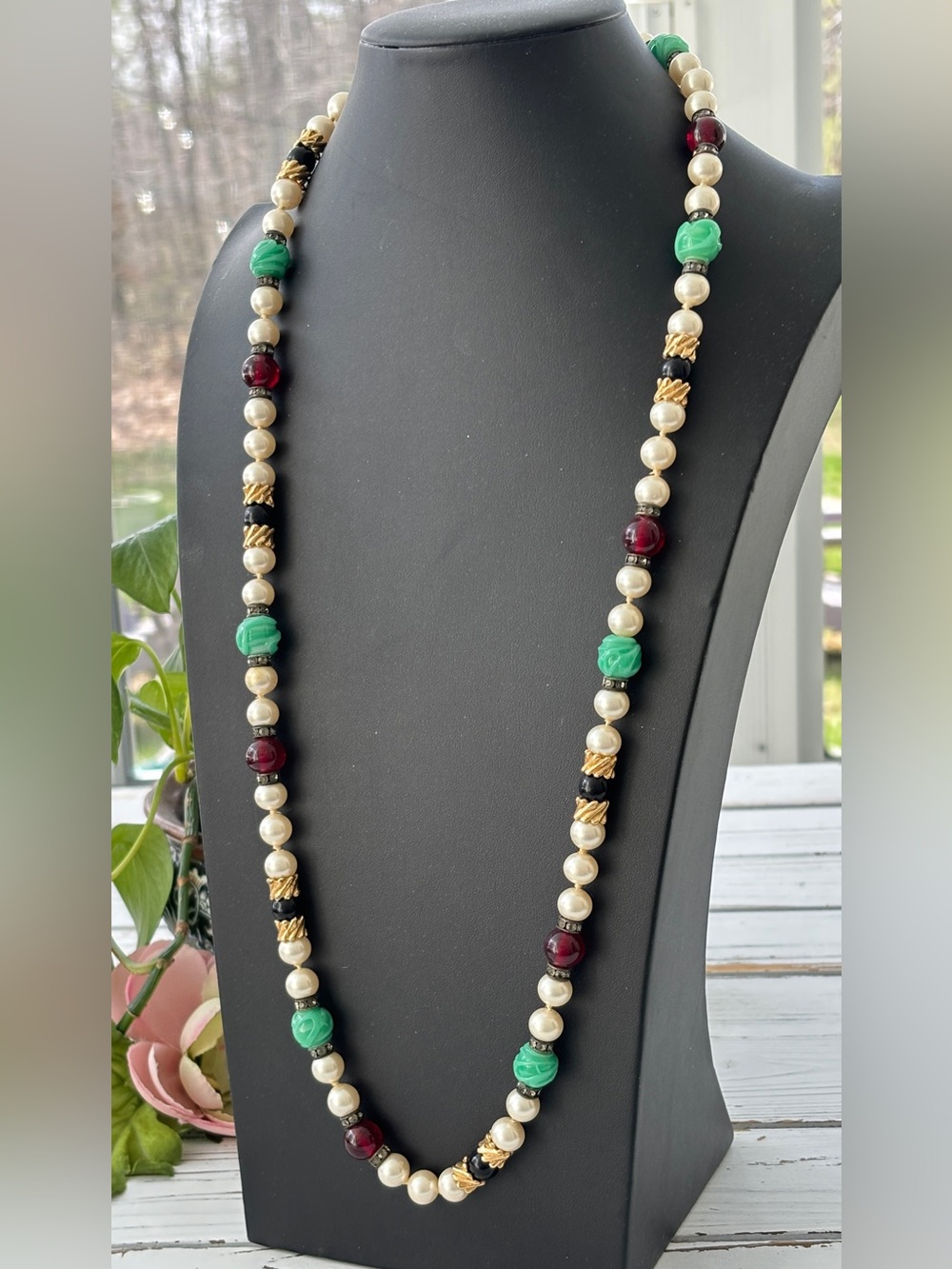 Vintage Long Faux Pearl, Stones, and Jade Necklace
